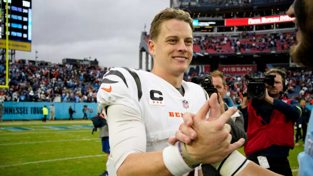 Cincinnati Bengals quarterback Joe Burrow smile (9) celebrates after beating the Tennessee Titans at Nissan Stadium Sunday, Nov. 27, 2022, in Nashville, Tenn. Nfl Cincinnati Bengals At Tennessee Titans